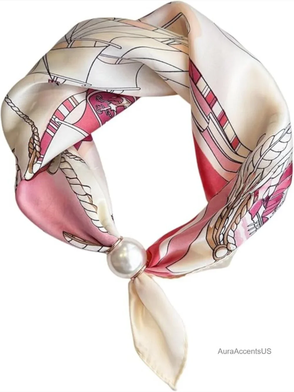 Magnetic Silk Scarf with Pearl Buckle - Retro Floral Square Scarf